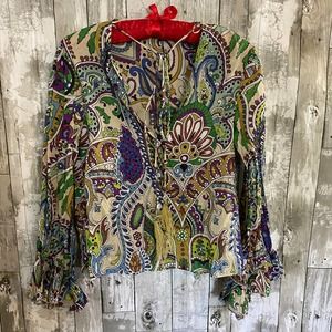 Zara multi-color paisley print long sleeve flare blouse XS